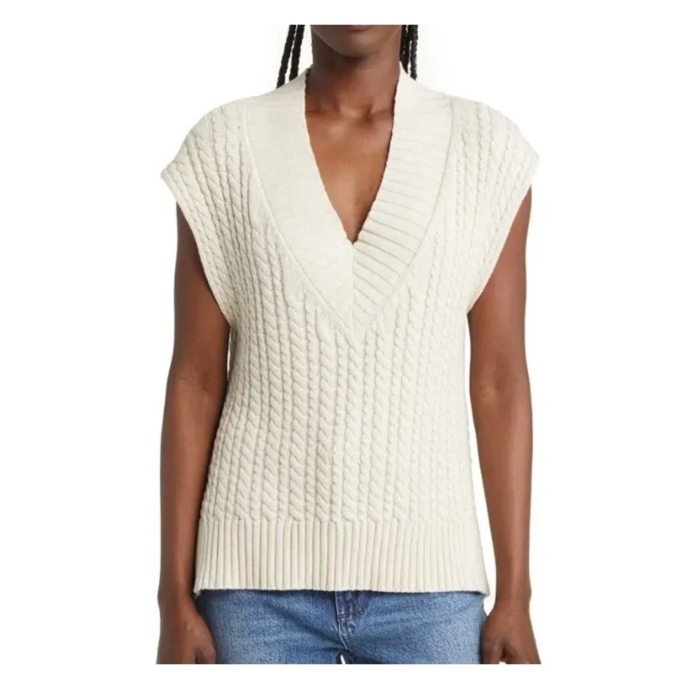 FRENCH CONNECTION Cream/Ivory CABLE KNIT SWEATER Cap-Sleeve V-Neck Mozart XS